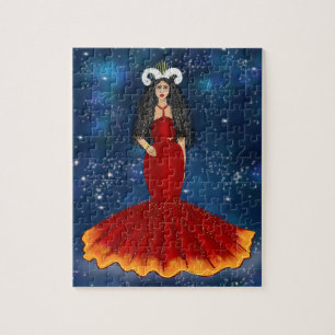 Zodiac Aries Goddess In Blue Celestial  Jigsaw Puzzle