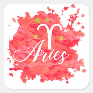 Zodiac Aries Red Watercolor Gold Stars Sign Square Sticker