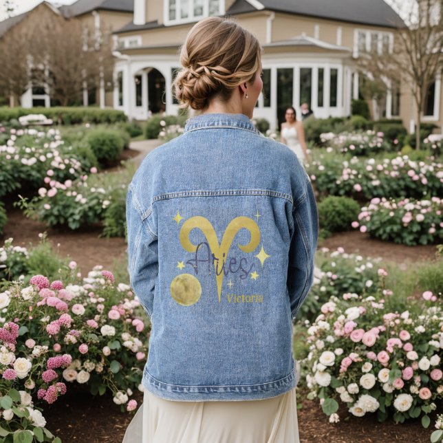 Zodiac Aries Watercolor Personalized Jean Denim Jacket (Wedding Back)