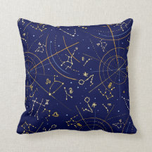 Zodiac Astrologers Star Map Décor Blue Gold Pillow