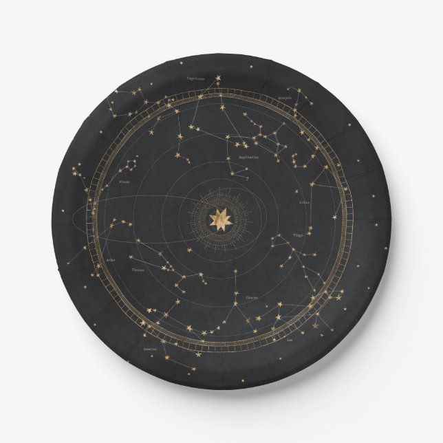 Zodiac astrology star map black gold  paper plate (Front)