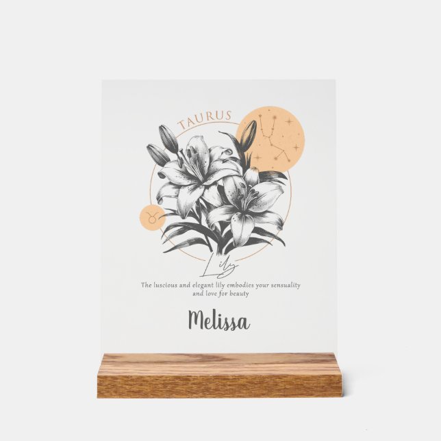 Zodiac Birth Flower Personalized Taurus Gift Acrylic Sign (Front)