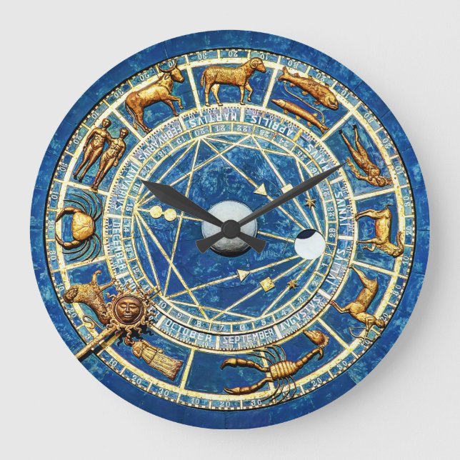 Zodiac Blue and Gold Old World Celestial Astrology Large Clock (Front)