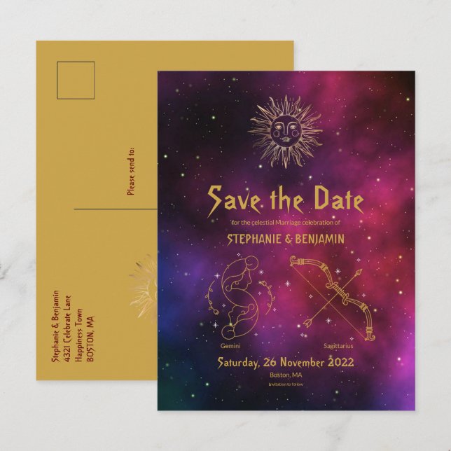 Zodiac Burgundy Gemini Sagittarius Save the Date Announcement Postcard (Front/Back)