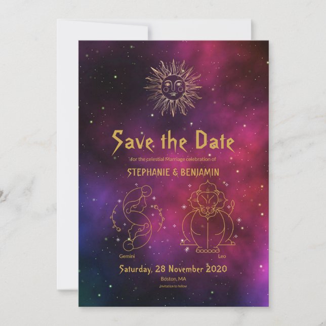 Zodiac Burgundy Gold Gemini/Leo celestial Modern Save The Date (Front)