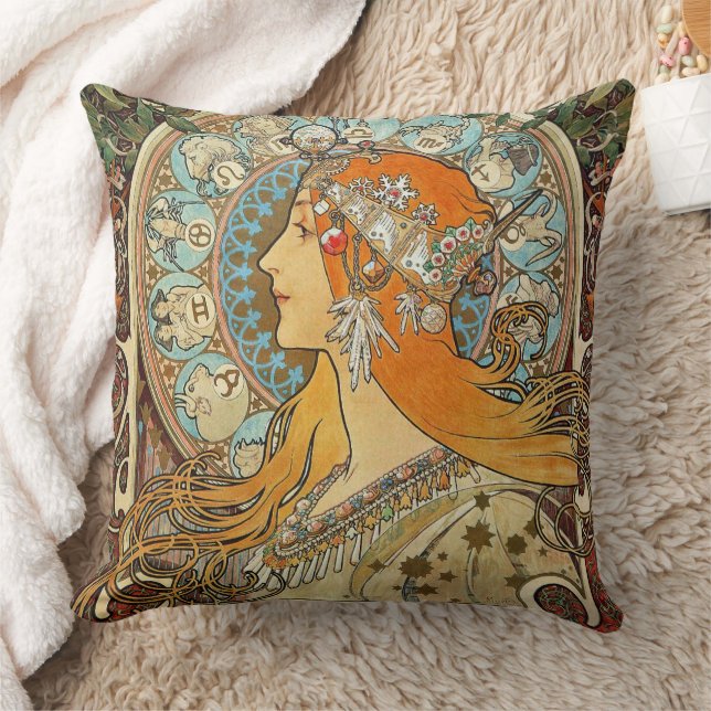 Zodiac by Alphonse Mucha Throw Pillow (Blanket)