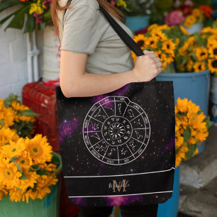 Zodiac Calendar Astrology Symbols & Monogram Tote Bag
