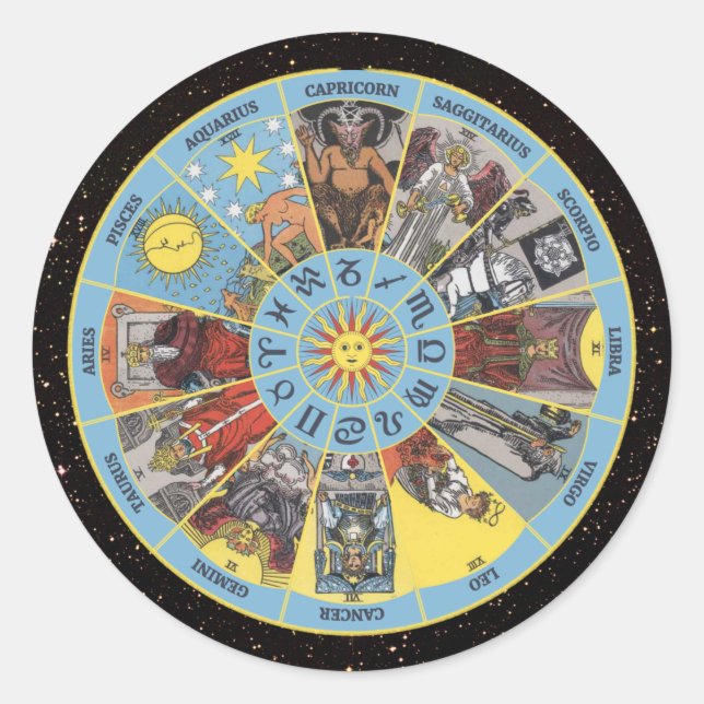 Zodiac Circle w Astrological Symbols & Tarot Cards Classic Round Sticker (Front)