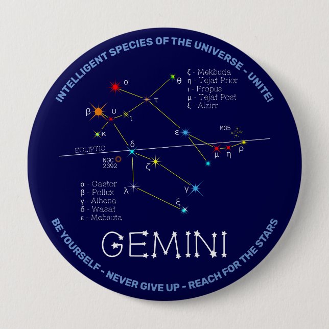 Zodiac Constellation Gemini 4 Inch Round Button (Front)