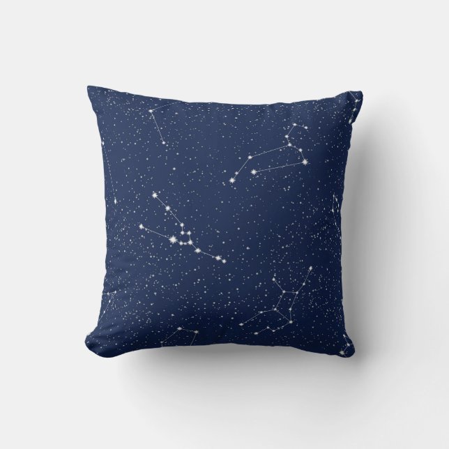 Zodiac Constellations with a Dark Blue Starry Sky Throw Pillow (Front)