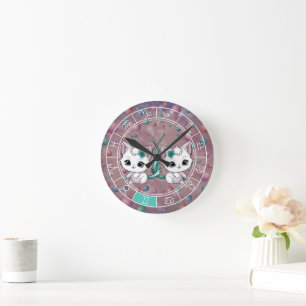 Zodiac Gemini Cute Cat Wheel Planet Astrology Round Clock