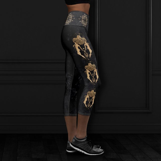 Zodiac Goddess | Cosmic Gold Gemini Astrology Capri Leggings (Creator Uploaded)