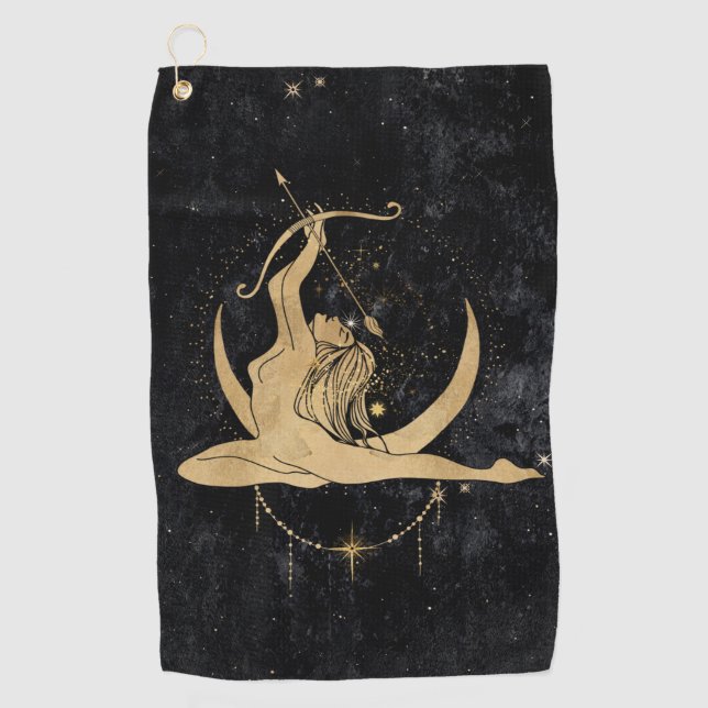 Zodiac Goddess | Cosmic Gold Sagittarius Astrology Golf Towel (Front)