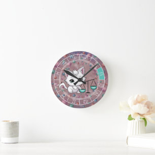 Zodiac Libra Cute Cat Wheel Planet Astrology Round Clock