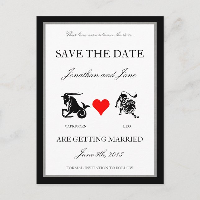 Zodiac Love Save the Date (Capricorn/Leo) Announcement Postcard (Front)