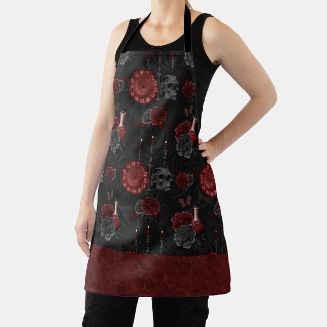 Zodiac Magic Crimson | Henna Red Gothic Skull Rose Apron (Insitu)