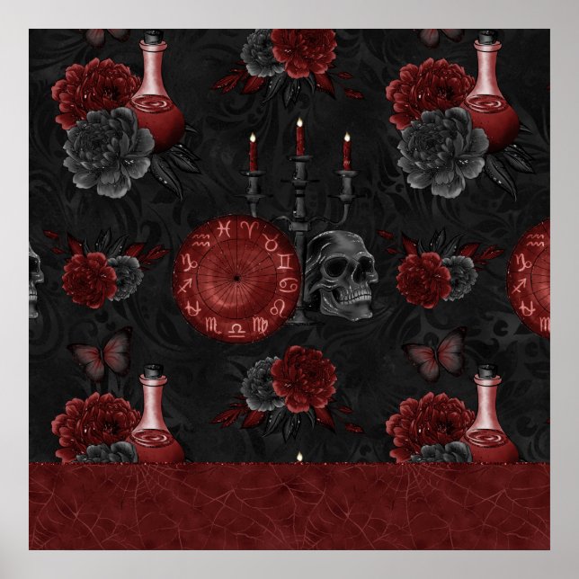Zodiac Magic Crimson | Henna Red Gothic Skull Rose Poster (Front)