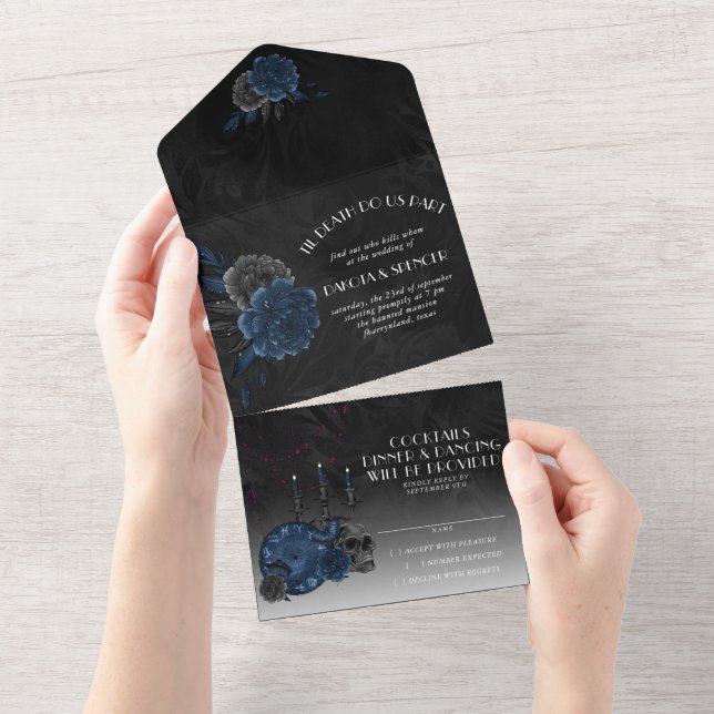 Zodiac Magic | Dark Navy Blue Gothic Skull Roses All In One Invitation (Tearaway)