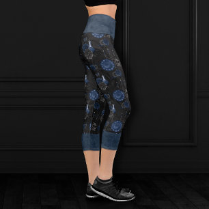 Zodiac Magic   Dark Navy Blue Gothic Skull Roses Capri Leggings