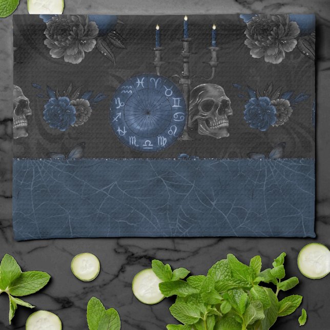 Zodiac Magic | Dark Navy Blue Gothic Skull Roses Kitchen Towel (Creator Uploaded)