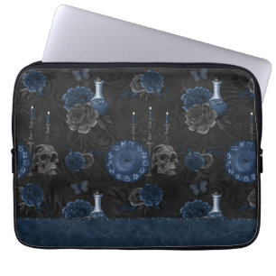 Zodiac Magic Dark Navy Blue Gothic Skull Roses Laptop Sleeve