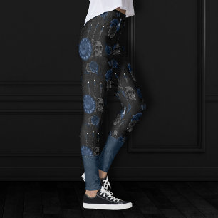 Zodiac Magic Dark Navy Blue Gothic Skull Roses Leggings