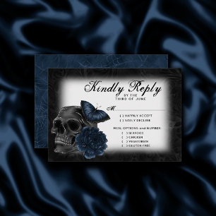 Zodiac Magic   Dark Navy Blue Gothic Skull Roses RSVP Card