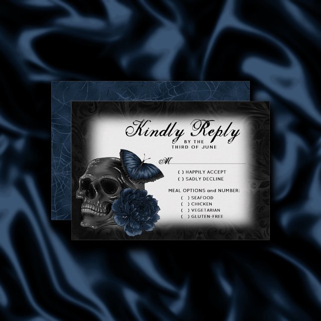 Zodiac Magic | Dark Navy Blue Gothic Skull Roses RSVP Card (Creator Uploaded)