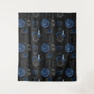 Zodiac Magic   Dark Navy Blue Gothic Skull Roses Tapestry