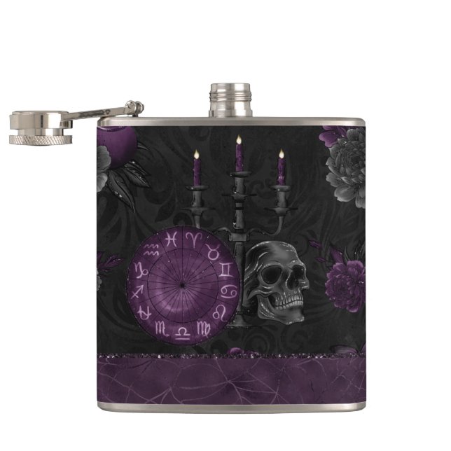 Zodiac Magic | Dark Purple Plum Gothic Skull Roses Hip Flask (Opened)