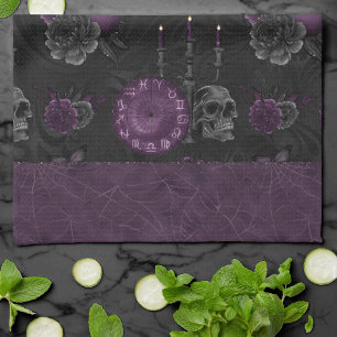 Zodiac Magic Dark Purple Plum Gothic Skull Roses Kitchen Towel
