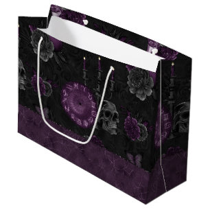 Zodiac Magic Dark Purple Plum Gothic Skull Roses Large Gift Bag