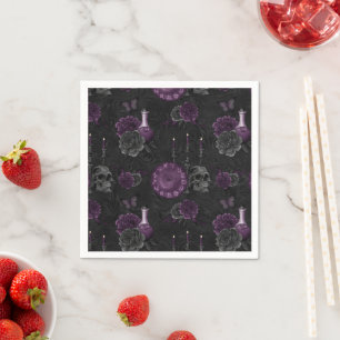 Zodiac Magic   Dark Purple Plum Gothic Skull Roses Napkin