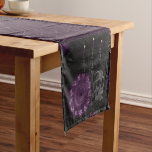 Zodiac Magic   Dark Purple Plum Gothic Skull Roses Short Table Runner