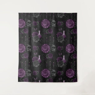 Zodiac Magic   Dark Purple Plum Gothic Skull Roses Tapestry