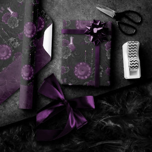 Zodiac Magic Dark Purple Plum Gothic Skull Roses Wrapping Paper