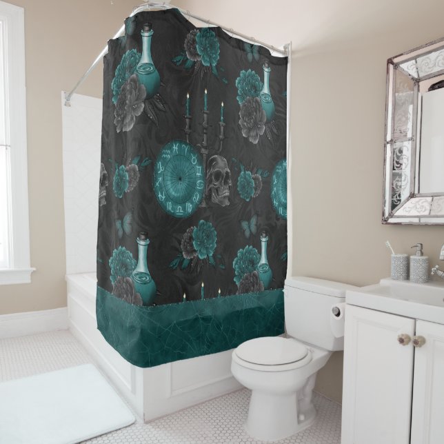 Zodiac Magic | Dark Teal Green Gothic Skull Roses (In Situ)