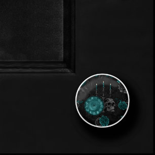 Zodiac Magic   Dark Teal Green Gothic Skull Roses Ceramic Knob