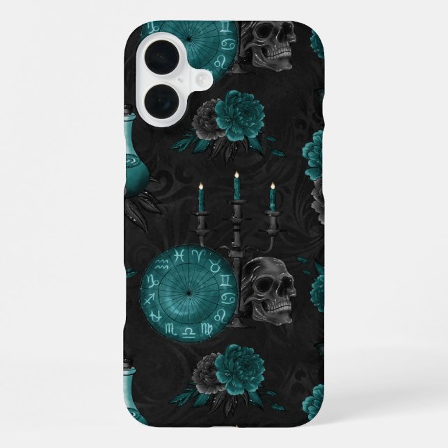 Zodiac Magic | Dark Teal Green Gothic Skull Roses iPhone Case (Back)