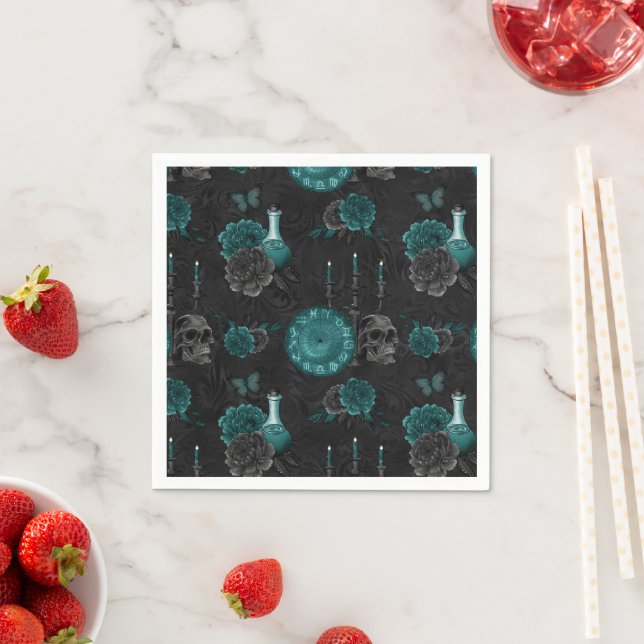 Zodiac Magic | Dark Teal Green Gothic Skull Roses Napkin (Insitu)