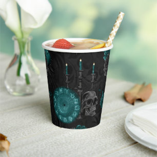 Zodiac Magic   Dark Teal Green Gothic Skull Roses Paper Cups