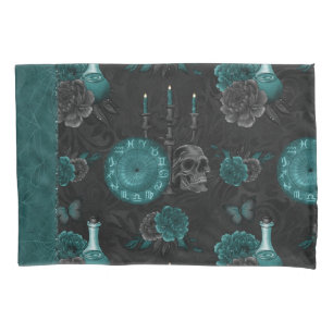 Zodiac Magic Dark Teal Green Gothic Skull Roses Pillowcase