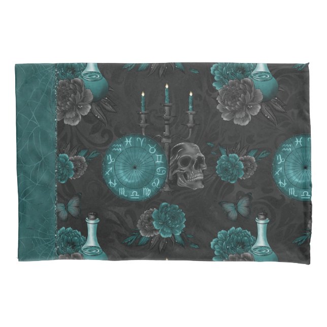 Zodiac Magic | Dark Teal Green Gothic Skull Roses Pillowcase (Front)