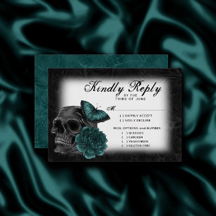 Zodiac Magic   Dark Teal Green Gothic Skull Roses RSVP Card
