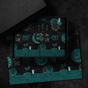 Zodiac Magic   Dark Teal Green Gothic Skull Roses Tissue Paper