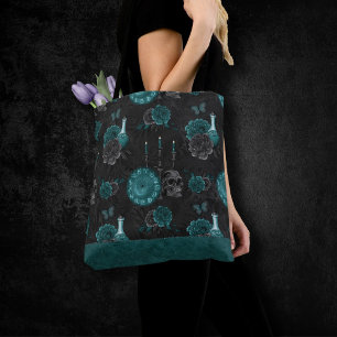 Zodiac Magic   Dark Teal Green Gothic Skull Roses Tote Bag