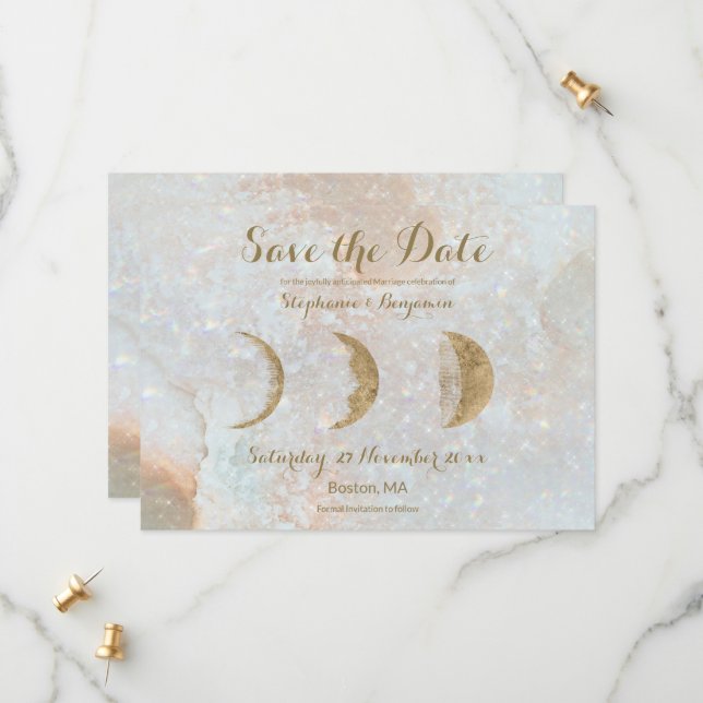 Zodiac Moon Blue Celestial Save the Date Card (Front/Back In Situ)