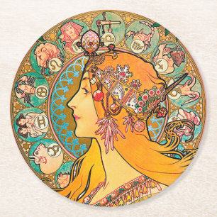 Zodiac, Mucha Round Paper Coaster