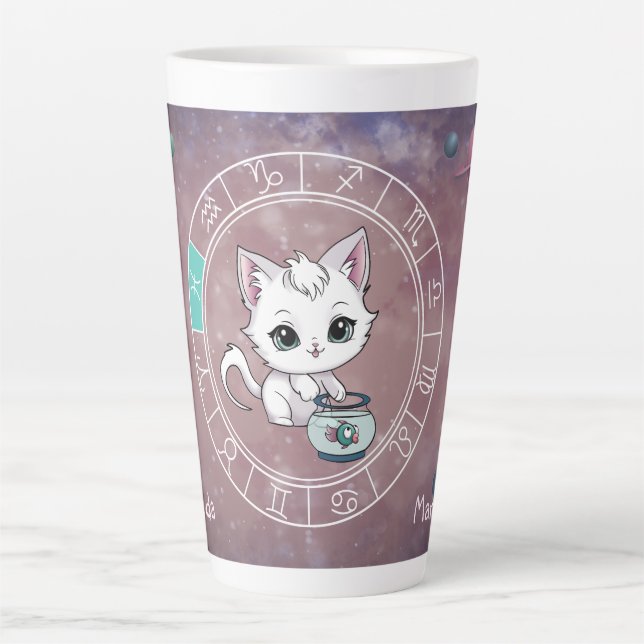 Zodiac Pisces Cute Cat Wheel Planet Astrology Latte Mug (Front)