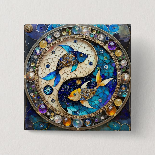 Zodiac - Pisces Fish Yin and Yang 2 Inch Square Button (Front)